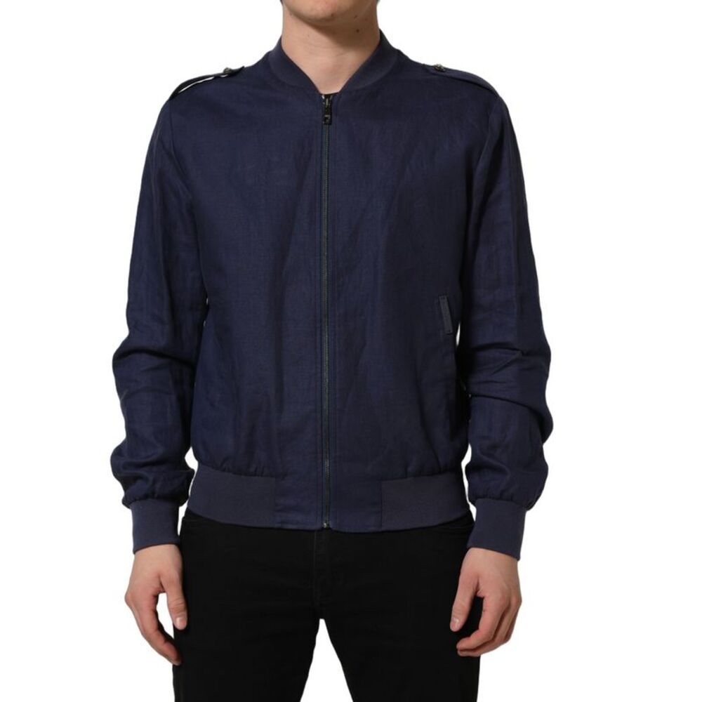 Dolce & Gabbana Blue Linen Full Zip Men Bomber Men's Jacket